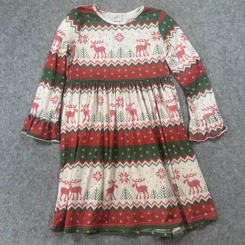 Unbranded Fair Isle Holiday Dress 9-10Y Red Green Reindeer Ruffle‎ Sleeve